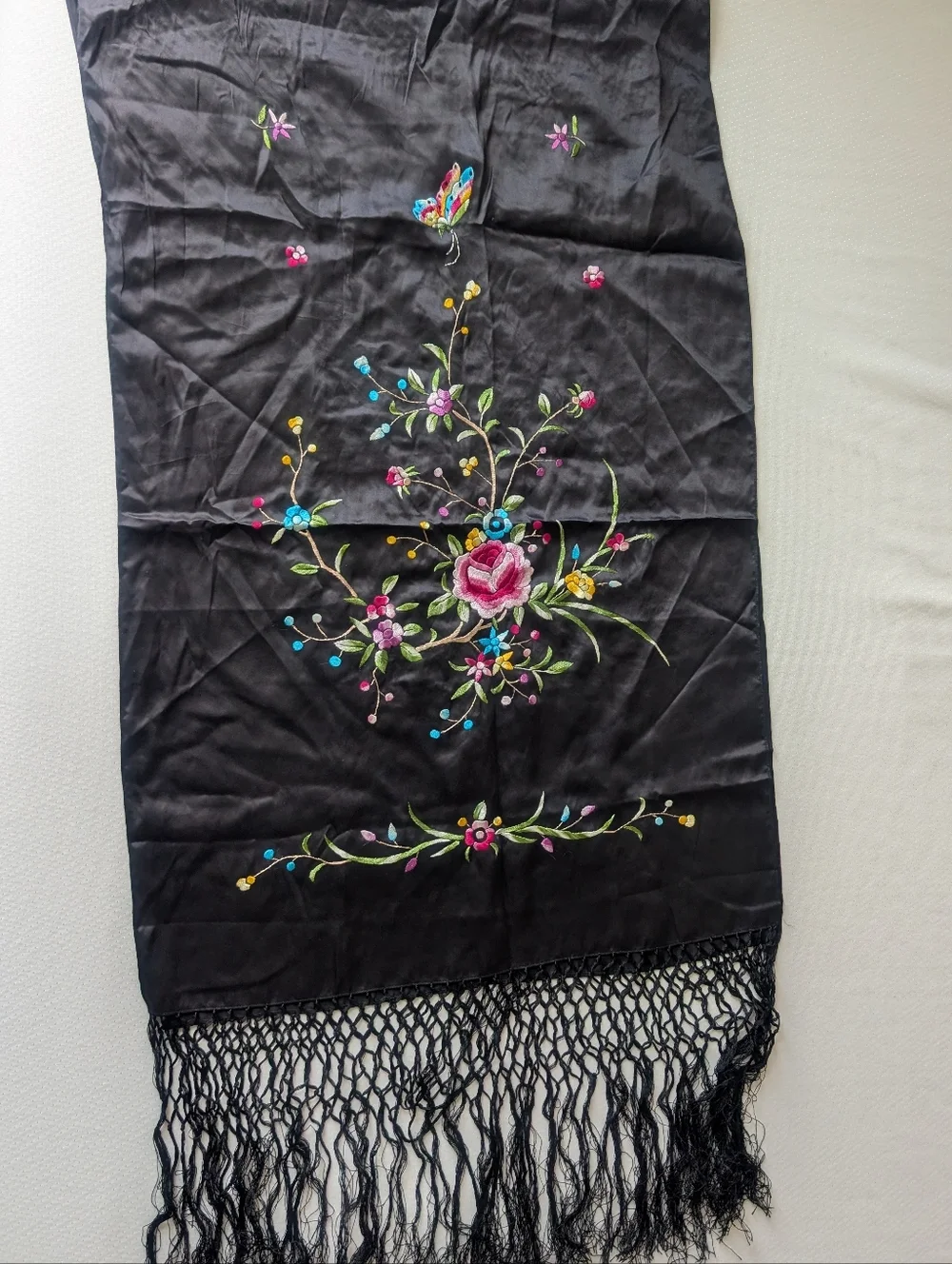 Embroidered Floral Scarf Shawl Black 100% Silk Tassel Women's Accessory - Picture 13 of 16